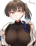  1girl black_shirt breasts brown_eyes brown_hair hair_between_eyes highres japanese_clothes kaga_(kancolle) kantai_collection kimono large_breasts matsunaga_(haku) open_clothes shirt short_sidetail side_ponytail simple_background solo turtleneck twitter_username upper_body white_background 