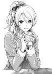  1girl ayase_eli bangs cable_knit cup elbow_rest hair_between_eyes hair_ornament hair_scrunchie high_ponytail highres holding holding_cup knit_sweater long_sleeves looking_at_viewer love_live! monochrome saitou_shiori_(pixiv14549321) scrunchie sketch smile solo sweater white_background 