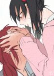  2girls adversarial_noise black_hair blush commentary covering_another's_eyes highres love_live! love_live!_school_idol_project multiple_girls nishikino_maki otonokizaka_school_uniform parted_lips pink_sweater red_eyes red_hair school_uniform simple_background surfacedxxc sweat sweater twintails white_background yazawa_nico yuri 