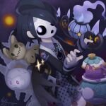  1boy ahoge allister_(pokemon) azur_cephonodes black_hair bright_pupils chandelure collared_shirt commentary_request cursola gloves hand_up highres long_sleeves male_focus mask mimikyu partially_fingerless_gloves pokemon pokemon_(creature) pokemon_sword_and_shield polteageist print_shirt print_shorts shirt short_hair shorts single_glove suspenders white_pupils 