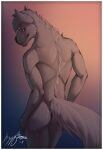  2017 anonym0use anthro black_body black_fur border butt canid canine canis fur hi_res kazzyboii looking_back male mammal nova_(anonym0use) nude portrait rowrow solo tagme white_border wolf 