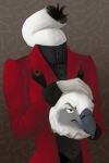 2018 accipitriform anthro avian beak bird clothing dullahan elskereddie european_mythology grey_beak half-length_portrait headless hi_res holding_head holding_own_head irish_mythology jacket long_neck male modular mythology pattern_background portrait red_clothing red_jacket red_topwear simple_background solo topwear vulture white_body