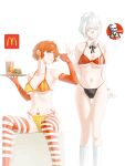  2girls absurdres armpit_crease ass_visible_through_thighs bikini black_bikini black_bow black_bowtie bloom blue_eyes bow bowtie breasts breasts_apart burger cleavage closed_mouth collarbone colored_eyelashes commentary cup detached_collar disposable_cup dudrinm earrings elbow_gloves eyelashes facial_tattoo feet_out_of_frame food glasses gloves green_eyes hair_ornament halterneck hand_up hands_up highres holding holding_tray jewelry kfc kneehighs large_breasts latex latex_gloves long_neck looking_at_viewer looking_over_eyewear mcdonald's medium_breasts mole mole_on_breast mole_on_stomach mole_on_thigh multiple_girls multiple_moles narrow_waist navel original red_bikini red_gloves red_hair red_lips red_thighhighs short_hair side-tie_bikini_bottom sitting socks standing stomach_tattoo striped_bikini striped_clothes striped_thighhighs swimsuit tattoo thigh_gap thighhighs tray underboob watch white_background white_eyelashes white_hair white_socks white_thighhighs wristwatch yellow_bikini 