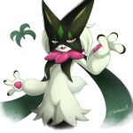 1:1 2025 ambiguous_gender anthro better_version_at_source claws digital_drawing_(artwork) digital_media_(artwork) fangs generation_9_pokemon green_body handpaw hannaee9 hi_res leg_tuft mask meowscarada narrowed_eyes nintendo paws pink_eyes pink_nose pokemon pokemon_(species) pseudo_clothing short_tail simple_background smile solo tail teeth thigh_tuft tuft white_background