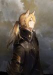  1boy absurdres animal_ear_fluff animal_ears arknights black_coat blonde_hair closed_mouth cloud cloudy_sky coat day extra_ears from_side gauntlets highres horse_ears long_hair looking_away looking_up male_focus mlynar_(arknights) outdoors ponytail profile red_eyes single_gauntlet sky sunlight upper_body 