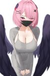  1girl 4kebidayo black_mask black_wings blush breasts cleavage collarbone commentary covered_mouth covered_navel dongtan_dress dress feathered_wings grey_dress grey_jacket hair_ornament hairclip highres jacket large_breasts long_sleeves mask medium_hair mouth_mask pink_eyes pink_hair pointy_ears ramiel_(zenless_zone_zero) simple_background solo white_background wings zenless_zone_zero 
