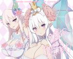  2girls bare_shoulders blush breasts cleavage commentary_request crown demon_girl demon_horns demon_wings dragon_girl dress duel_monster fairy_wings flower frills hair_between_eyes hair_flower hair_ornament hands_on_own_chest highres horns huge_breasts jewelry large_breasts long_hair looking_at_viewer minerva_(princess_connect!) mini_crown misukon multiple_girls open_mouth parted_lips pink_eyes pink_flower pink_hair pointy_ears princess_connect! purple_eyes smile tattoo upper_body vision_empress white_dress white_hair wings yu-gi-oh! 