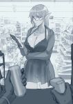  1girl arm_under_breasts breasts can cellphone dangodes elf highres hood hoodie indoors jewelry large_breasts long_hair monochrome navel necklace original parted_lips pendant phone pointy_ears pov see-through semi-rimless_eyewear shop smartphone solo standing 