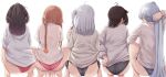  5girls absurdres ahoge akizuki_(kancolle) ass back_focus barefoot black_hair black_panties blue_panties bra braid brown_hair from_behind full_body fuyutsuki_(kancolle) grey_hair grey_sweater hair_flaps hair_focus hair_ornament hatsuzuki_(kancolle) highres hood hoodie kantai_collection kiritto long_hair long_sleeves multiple_girls one_side_up panties ponytail propeller_hair_ornament red_bra red_panties see-through see-through_shirt shirt short_hair short_sleeves side-tie_panties simple_background soles squatting suzutsuki_(kancolle) sweater teruzuki_(kancolle) twin_braids underwear very_long_hair white_background white_hair white_hoodie white_shirt white_sweater 