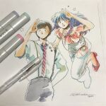  1boy 1girl alternate_hairstyle arm_up art_tools_in_frame badge bag black_hair blue_hair braid button_badge casual closed_mouth collared_shirt commentary_request dated diagonal-striped_clothes diagonal-striped_necktie earrings fang floating frilled_shirt frills green_eyes grey_pants hand_on_another's_shoulder high_heels highres jewelry lightning_bolt_symbol long_hair looking_at_viewer lum marker marker_(medium) moroboshi_ataru necktie open_mouth pants pink_bag pink_eyes pink_shirt pointy_ears red_necktie red_shoes salute shirt shoes short_hair short_sleeves shoulder_bag side_braids signature smile star_(symbol) striped_clothes studio_carmine suspenders traditional_media twin_braids urusei_yatsura white_background white_pants white_shirt 