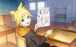  1boy :d blonde_hair chair chalkboard classroom colorful_palette desk eraser game_cg green_eyes highres holding holding_pencil holding_sketchbook kagamine_len leo/need_len looking_at_viewer male_focus official_art open_mouth pencil project_sekai sketchbook smile solo spiked_hair suki_wo_egaite_rainbow_canvas_(project_sekai) third-party_source tongue vocaloid 