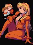  1boy 1girl anger_vein arm_support black_background blonde_hair bodysuit breasts brown_hair cleavage collarbone earrings gundam hairband highres holding holding_knife jewelry katejina_loos knife long_hair mokenochi multiple_views no_bra orange_bodysuit orange_hair red_hairband short_hair simple_background uso_ewin victory_gundam 
