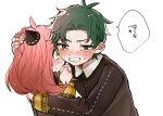  1boy 1girl absurdres anya_(spy_x_family) bangs blush child crying damian_desmond eden_academy_uniform female_child green_eyes green_hair hairpods hand_on_another&#039;s_head highres hug long_sleeves male_child ollitk123 parted_bangs pink_hair school_uniform simple_background spy_x_family sweatdrop tears translated white_background yellow_eyes 