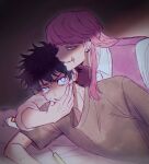  29o52413 2boys aqua_eyes black_hair blue_eyes collared_shirt drugs ear_piercing hair_between_eyes hanagaki_takemichi long_hair long_sleeves male_focus multiple_boys piercing pill_bottle pink_hair purple_vest sanzu_haruchiyo scar scar_on_face scar_on_mouth shirt syringe t-shirt tears tokyo_revengers upper_body vest white_shirt wolf_cut yaoi 