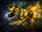  colored_skin dynamic_pose feathers flying gold mercury_(planet) no_humans plague_doctor_mask scroll smile space tapwing white_skin 