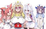  4girls animal_ear_fluff animal_ears apron belt black_belt blonde_hair blue_dress blue_eyes bone_hiko breasts commentary_request dress eyepatch glasses gloves green_shirt hat highres holding holding_syringe large_breasts medium_breasts multiple_girls nurse nurse_cap oni original pink_gloves pink_hair pink_shirt purple_hair red_eyes shirt simple_background small_breasts syringe white_apron white_background white_dress white_gloves white_hair 