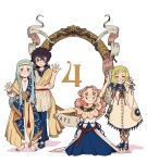  absurdres agott_arklaum_(tongari_boushi_no_atelier) belt blue_dress blue_eyes blue_hair blue_pants blue_shoes blush cape coco_(tongari_boushi_no_atelier) countdown curly_hair double_bun dress full_body green_hair grin hair_bun headband highres hood kneeling long_hair multiple_girls pants pink_eyes pink_hair purple_eyes purple_hair ribbon richeh_(tongari_boushi_no_atelier) robe shoes short_hair short_twintails simple_background smile standing teeth tetia_(tongari_boushi_no_atelier) tongari_boushi_no_atelier twintails vandoesart white_background white_dress 