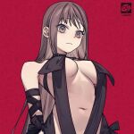  1girl artist_logo artist_name black_dress breasts brown_eyes brown_hair closed_mouth dress fate/grand_order fate_(series) linea_alba logo long_hair medium_breasts nureta_kasa red_background revealing_clothes sidelocks simple_background solo upper_body very_long_hair yu_mei-ren_(fate) yu_mei-ren_(second_ascension)_(fate) 