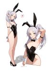  1girl animal_ear_hairband animal_ears arm_strap arm_up armpits artist_name black_bow black_bowtie black_leotard black_shoes blush bow bowtie breasts collar commentary cropped_torso detached_collar fake_animal_ears fake_tail frieren full_body green_eyes hairband heart high_heels highleg highleg_leotard highres inhoso leotard long_hair looking_at_viewer multiple_views oversized_breast_cup playboy_bunny pointy_ears rabbit_ear_hairband rabbit_ears rabbit_tail shoes simple_background small_breasts sousou_no_frieren spoken_heart strapless strapless_leotard tail twintails white_background white_collar white_hair white_wrist_cuffs wrist_cuffs 
