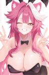  1girl absurdres animal_ears bare_shoulders black_bow black_bowtie black_leotard blush bow bowtie breasts cleavage commentary detached_collar double_v english_commentary fingernails grin hair_intakes highres hololive hololive_english huge_breasts leotard long_hair looking_at_viewer multicolored_hair nail_polish one_eye_closed panther_ears panther_girl pink_hair pink_nails rabbit_ears rabbit_tail raora_panthera rosumini simple_background smile solo streaked_hair tail teeth two-tone_hair v virtual_youtuber white_background white_hair yellow_eyes 