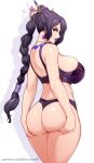  1girl ass ass_lift ass_support back bare_shoulders black_hair bra braid breasts cleavage final_fantasy final_fantasy_x from_behind grabbing_own_ass hair_bun hair_ornament hair_over_one_eye hair_stick hand_on_own_ass hands_on_own_ass highres jewelry lace-trimmed_bra lace-trimmed_panties lace_trim large_breasts lipstick long_hair looking_at_viewer looking_back lulu_(ff10) makeup mole mole_under_mouth nofuture panties patreon_username presenting presenting_ass purple_bra purple_lips purple_panties red_eyes shoulder_blades sideboob simple_background smile solo thick_thighs thighs underwear underwear_only white_background 