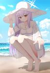  1girl absurdres animal atsuko_(blue_archive) atsuko_(swimsuit)_(blue_archive) bikini blue_archive breasts camera commentary_request fingernails frilled_bikini frills hair_between_eyes hat highres jewelry long_hair looking_at_viewer medium_breasts nail_polish necklace official_alternate_costume ponytail purple_hair red_eyes sandals see-through_clothes sidelocks solo squatting sun_hat swimsuit toenails toes tonguei v white_bikini white_hat 