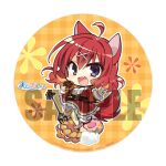  1girl :d \||/ ahoge amairo_islenauts animal_ears between_breasts blue_eyes blush breasts brown_corset chibi chibi_only clothes_between_breasts copyright_name corset donut fang fen_cichlid_girls_academy_school_uniform food full_body hair_between_eyes hair_ornament hands_up happy holding holding_donut holding_food jacket komowata_haruka lace-trimmed_skirt lace_trim large_breasts looking_at_viewer masaki_gaillard medium_hair necktie necktie_between_breasts notice_lines official_art open_clothes open_jacket open_mouth orange_background outline plaid_background red_hair red_jacket red_skirt sample_watermark school_uniform second-party_source shirt simple_background skin_fang skirt smile solo standing tail thighhighs watermark waving white_outline white_shirt wolf_ears wolf_girl wolf_tail x_hair_ornament yellow_necktie yellow_thighhighs 