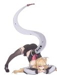 1girl ahoge bare_shoulders black_shoes black_shorts black_skirt blonde_hair blush brown_thighhighs cissia_(zenless_zone_zero) closed_mouth commentary_request detached_sleeves fingernails hair_between_eyes hair_ornament hands_on_ground highres jack-o'_challenge long_hair looking_at_viewer metal_wrist_cuffs miniskirt pink_nails pom_pom_(clothes) pom_pom_hair_ornament red_eyes samejimamayu shoes shorts simple_background skirt snake_girl snake_tail solo spread_legs tail thighhighs top-down_bottom-up white_background wide_spread_legs zenless_zone_zero 