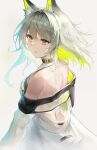  1girl animal_ear_fluff animal_ears arknights back bare_shoulders blonde_hair blue_hair breasts cat_ears coat collar gradient_hair green_eyes grey_hair greypidjun highres kal&#039;tsit_(arknights) looking_away looking_to_the_side medium_breasts multicolored_hair off_shoulder open_clothes open_coat parted_lips see-through solo white_coat 