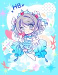  1girl aquarium birthday blue_background blue_eyes blush bracelet bubble chibi commentary_request coral dolphin fish from_side grey_hair hair_ornament hand_up happy_birthday heart highres jewelry koi_ni_naritai_aquarium love_live! love_live!_sunshine!! midriff outstretched_hand pearl_bracelet pululu_u reaching short_hair simple_background skirt smile tiara watanabe_you wavy_hair 