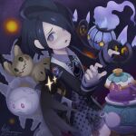  1boy ahoge allister_(pokemon) azur_cephonodes black_hair bright_pupils chandelure collared_shirt commentary_request cursola gloves hand_up highres long_sleeves male_focus mimikyu open_mouth partially_fingerless_gloves pokemon pokemon_(creature) pokemon_sword_and_shield polteageist print_shirt print_shorts raised_inner_eyebrows shirt short_hair shorts single_glove suspenders white_pupils 