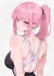 1girl absurdres back bluefield blunt_bangs breasts commentary criss-cross_back-straps from_behind grey_background highres hololive hololive_english large_breasts long_hair looking_at_viewer looking_back median_furrow mori_calliope one-piece_swimsuit pink_eyes pink_hair ponytail shoulder_blades sidelocks simple_background solo swimsuit upper_body virtual_youtuber wet 