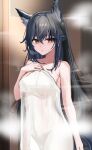  1girl absurdres arknights bare_arms bare_shoulders black_hair blush collarbone cowboy_shot hand_on_own_chest highres indoors long_hair looking_at_viewer mikuning naked_towel parted_lips photoshop_(medium) red_eyes smile solo steam texas_(arknights) towel very_long_hair 