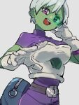  1girl :d bag belt bodysuit breasts cheelai colored_skin dragon_ball dragon_ball_super gloves green_skin grey_background kemachiku open_mouth scouter short_hair simple_background skin_tight smile solo white_gloves white_hair 