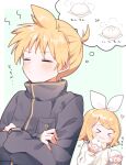  1boy 1girl ahoge alt_text bass_clef black_jacket blonde_hair blush border bow closed_eyes commentary_request dumpling eating food green_background hair_bow hair_ornament hairclip heart highres holding holding_food jacket kagamine_len kagamine_rin long_sleeves mani_(manidrawings) medium_hair outside_border parallel_hairclips parted_bangs ponytail short_hair sidelocks simple_background solo_focus speech_bubble thought_bubble translation_request treble_clef vocaloid white_border white_bow white_jacket 