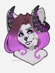  3:4 anthro big_horn canid canine canis collar facial_piercing female fluffy_ears fur glistening glistening_hair grey_body grey_fur hair hi_res horn long_hair mammal nose_piercing open_mouth open_smile pentagram_necklace piercing piercing_in_the_ears purple_hair smile solo teeth_visible vivian_skye volodyanocturne wolf 