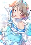  1girl absurdres aquarium bare_shoulders birthday blue_eyes blush bracelet character_name dress earrings english_text frilled_dress frilled_sleeves frills from_side gem grey_hair hair_ornament hand_up happy_birthday highres jewelry koi_ni_naritai_aquarium kuntze love_live! love_live!_sunshine!! midriff multicolored_hair open_mouth pearl_bracelet salute short_hair sitting smile streaked_hair thighhighs thighs tiara watanabe_you wavy_hair 