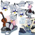 2026 anthro apron bell bell_collar blep blue_collar blue_eyes blush bottomwear bowed_string_instrument cash_register cashier cello clothing collar digital_media_(artwork) dipstick_ears dipstick_fingers dipstick_tail dipstick_toes domestic_cat ear_markings egyptian_mau embarrassed english_text eyewear felid feline felis femboy fur glasses gold_bell grey_body hair happy hi_res inside looking_at_viewer male mammal markings multicolored_ears musical_instrument nixuelle orlandofox pencil pink_nose plant_pot round_glasses sad shorts shy simple_background sitting sketch_page smile solo speech_bubble spots spotted_markings string_instrument surprised sweater tablet tail tail_markings teeth text tongue tongue_out topwear