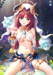  1girl :d absurdres aqua_eyes areola_slip bangs bare_shoulders blue_bow blue_gemstone blue_nails blue_skirt blurry blurry_background bow bracer breasts bridal_gauntlets brooch circlet cleavage condom condom_wrapper detached_sleeves fungi_(genshin_impact) gem genshin_impact hand_up harem_outfit highres holding holding_condom horns jewelry kazamatsuri_honatsu long_hair long_sleeves looking_at_viewer medium_breasts nail_polish navel neck_ring nilou_(genshin_impact) outdoors parted_bangs pelvic_curtain puffy_long_sleeves puffy_sleeves raised_eyebrows red_hair see-through see-through_sleeves sidelocks sitting skirt smile solo spread_legs stomach tattoo thighlet thighs twintails wet white_headwear 