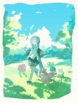  1girl afk_0831 aqua_hair bird budew bug caterpie caterpillar closed_eyes commentary_request detached_sleeves duck falling_leaves farfetch'd flying food full_body happy hatsune_miku highres holding holding_food holding_spring_onion holding_vegetable hoppip leaf long_hair necktie number_tattoo oddish pokemon pokemon_(creature) spring_onion tattoo twintails vegetable very_long_hair vocaloid 