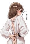  1girl absurdres adjusting_clothes apron arms_behind_back ass back black_scrunchie blush brown_hair closed_eyes commentary_request dressing from_behind gwan-e hair_behind_ear highres kappougi long_hair naked_kappougi no_panties open_mouth original scrunchie shoulder_blades simple_background standing white_background wrist_scrunchie 