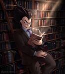 book bookshelf dragon_ball eyewear furniture glasses hi_res holding_object library looking_at_viewer male pencil saiyan solo stairs vegeta whirlydoodle
