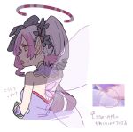  1girl backless_dress backless_outfit bare_shoulders blush commentary_request cropped_torso detached_collar dress drill_hair fairy fairy_wings flower from_behind gloves hair_flower hair_ornament halo long_hair looking_at_viewer looking_back multicolored_hair open_mouth pink_hair pointy_ears princess_connect! purple_dress purple_eyes purple_hair reference_inset side_ponytail simple_background solo tia_(princess_connect!) twintails tyaui_(xjju4435) white_background wings yellow_eyes 