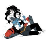  2girls absolute_dc absolute_wonder_woman amazon_warrior arm_wrap back_spikes black_hair black_leotard blue_gloves chain_belt commentary curly_hair dc_comics english_commentary fighting gloves high-waist_pants highres leotard long_hair multiple_girls muscular muscular_female pants short_hair single_hand spiked_jacket tiara vickychendraws white_background wonder_woman wonder_woman_(absolute_dc) wonder_woman_(series) zatanna_zatara zatanna_zatara_(absolute_dc) 