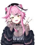  1girl alternate_costume animal_ear_fluff animal_ears arm_rest black_choker black_collar black_jacket black_nails black_tube_top blush bodystocking breasts chain choker cleavage clothes_writing collar commentary elbow_rest goth_fashion hair_intakes hair_ornament hairclip hand_on_own_cheek hand_on_own_face harrybyharry head_rest highres hololive hololive_english jacket jacket_partially_removed jewelry lace_shirt large_breasts long_hair looking_at_viewer multicolored_hair multiple_rings nail_polish open_mouth panther_ears panther_girl parallel_hairclips pink_hair raora_panthera raora_panthera_(goth) ring see-through_cleavage see-through_clothes simple_background smile solo spiked_choker spiked_collar spikes strapless streaked_hair striped_clothes striped_jacket tube_top v virtual_youtuber white_background white_streaks x_hair_ornament yellow_eyes 