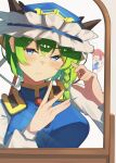  2girls :/ absurdres blue_eyes blue_kimono blue_vest braid braided_sidelock commentary_request crossed_bangs green_hair highres japanese_clothes kimono looking_at_viewer multiple_girls onozuka_komachi open_mouth pink_hair raian_macaroni shiki_eiki shirt short_hair short_twintails simple_background touhou twintails vest white_background white_shirt 