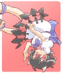  1girl black_hair blue_ribbon commentary_request horns kijin_seija multicolored_hair neck_ribbon puffy_short_sleeves puffy_sleeves red_eyes red_hair ribbon shirt short_hair short_sleeves simple_background skirt smile solo tongue tongue_out touhou upside-down white_hair white_shirt white_skirt yamasina009 