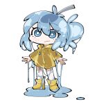  1girl antenna_hair blue_eyes blue_hair blush boots bright_pupils closed_mouth coat commentary flat_chest full_body hair_between_eyes highres long_sleeves looking_at_viewer monster_girl original ponytail puddle raincoat rubber_boots see-through_clothes simple_background slime_(substance) slime_girl smile solo standing tareme teeny_(nonzone) white_background white_pupils yellow_boots yellow_raincoat 