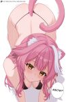  1girl absurdres all_fours animal_ear_fluff animal_ears ass bikini black_bikini breasts center-flap_bangs cleavage commentary double-parted_bangs extra_ears highres hololive hololive_english kershok large_breasts looking_at_viewer multicolored_hair panther_ears panther_girl panther_tail pink_hair raora_panthera sidelocks simple_background single_hair_streak solo speech_bubble streaked_hair string_bikini swimsuit tail virtual_youtuber white_background white_streaks yellow_eyes 