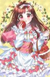  1girl :o antenna_hair apple blush bow brown_hair capelet choker collarbone dress floral_background food frilled_choker frilled_dress frilled_sleeves frills fruit fruit_basket hair_bow hakkaumai highres holding holding_food holding_fruit idolmaster idolmaster_cinderella_girls layered_dress leaf long_hair long_sleeves looking_at_viewer pink_capelet red_apple red_eyes solo straight_hair tsujino_akari white_dress 